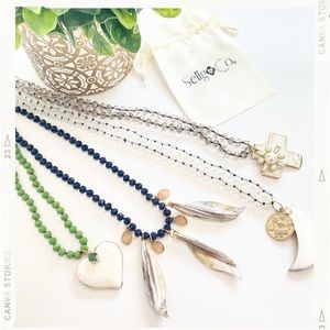 Long rondelle Crystal with mother of pearl, druzy semi-precious stones and more